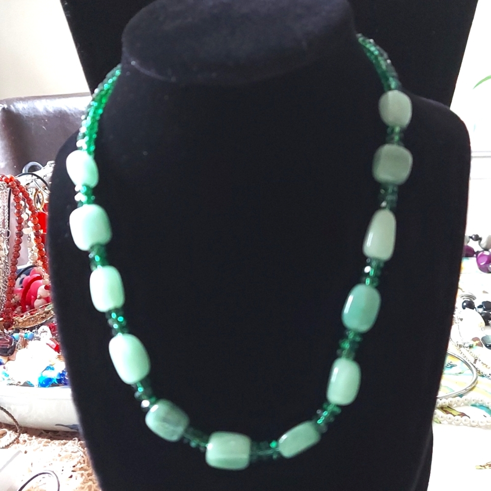 Jade Necklace with green crystals‎ and Toggle Clasp